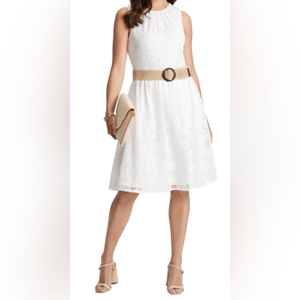 London Times Women's Crochet Belted Sleeveless Dress White Sz 8